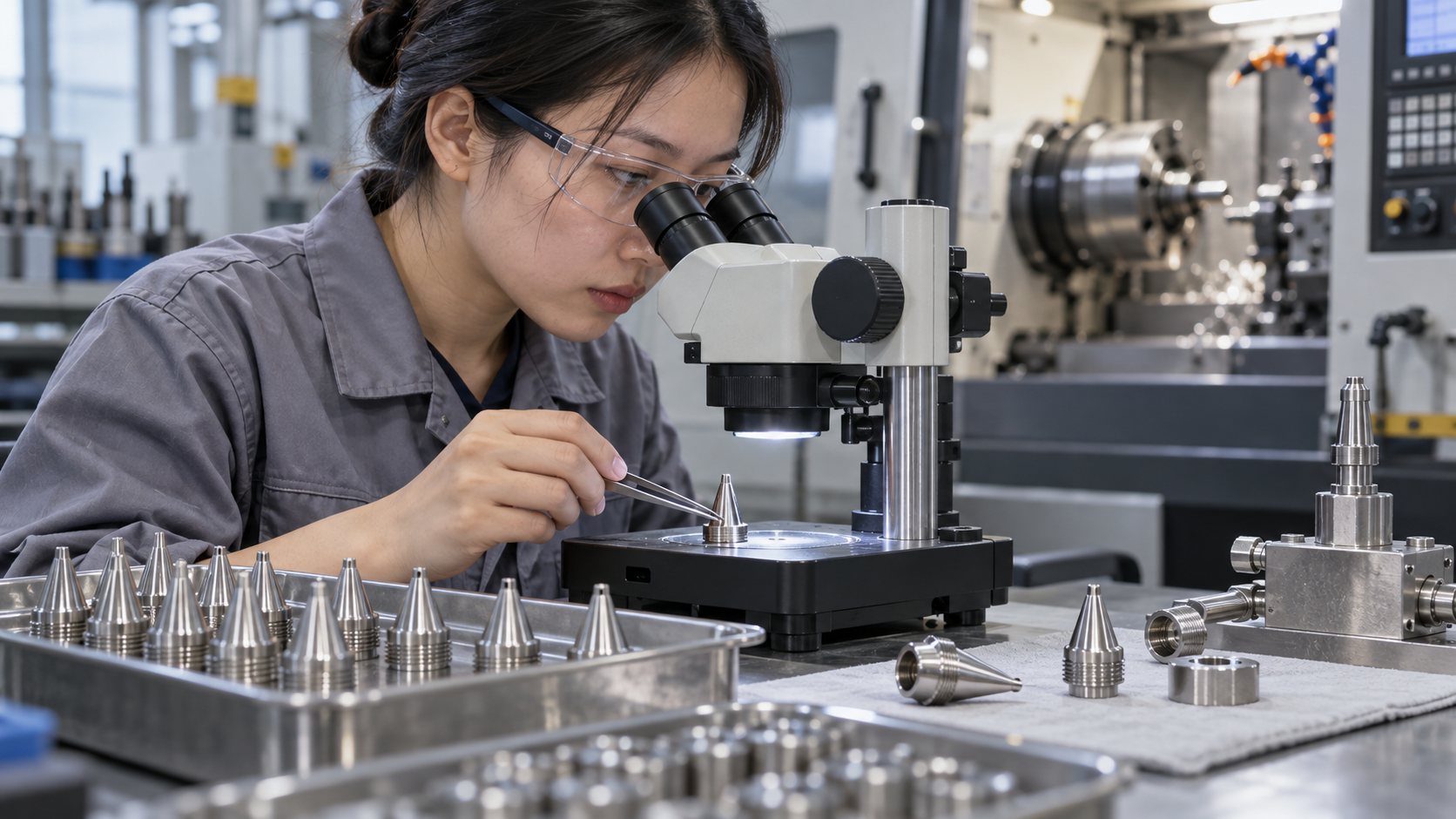 Kỹ thuật viên Trung Quốc kiểm đầu phun keo inox tiện CNC dưới kính hiển vi