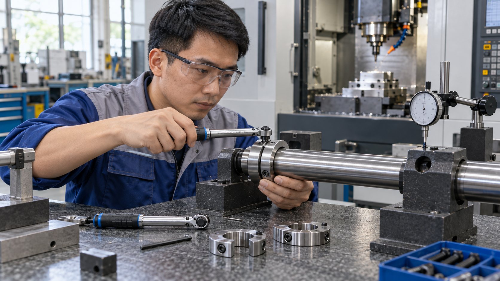 Kỹ sư Việt Nam siết vòng kẹp trục CNC tách đôi trên trục có đỡ